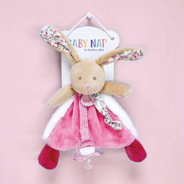 Doudou attache sucette Lapin POUPI rose