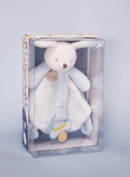 Doudou lapin bleu avec attache-tétine