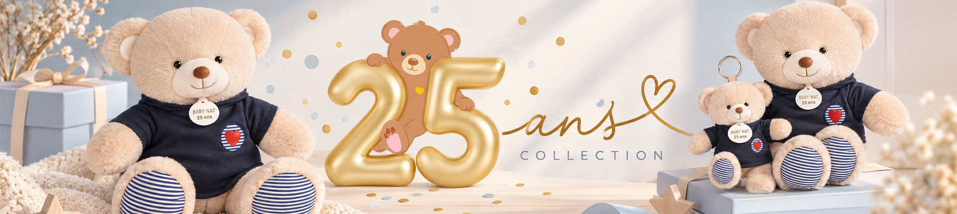 Bannière 25 ans BabyNat avec ours en peluche édition anniversaire